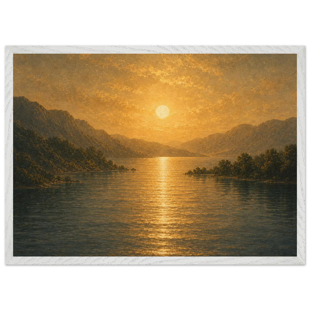 Quadro emoldurado Reflexo Dourado, lago e montanhas sob luz dourada