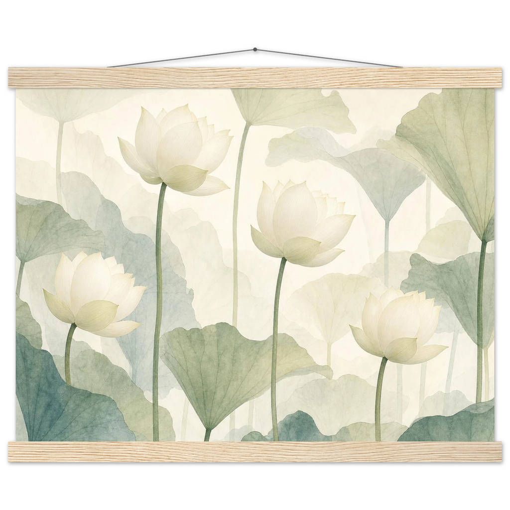 Ivory Lotus Screen, flowers and botanical. Archival fine art poster shown framed.