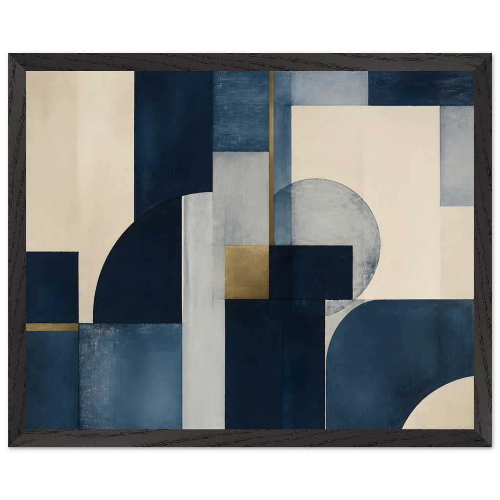 Blue Architecture: geometric abstract, blue and cream. Museum-quality framed fine art print.