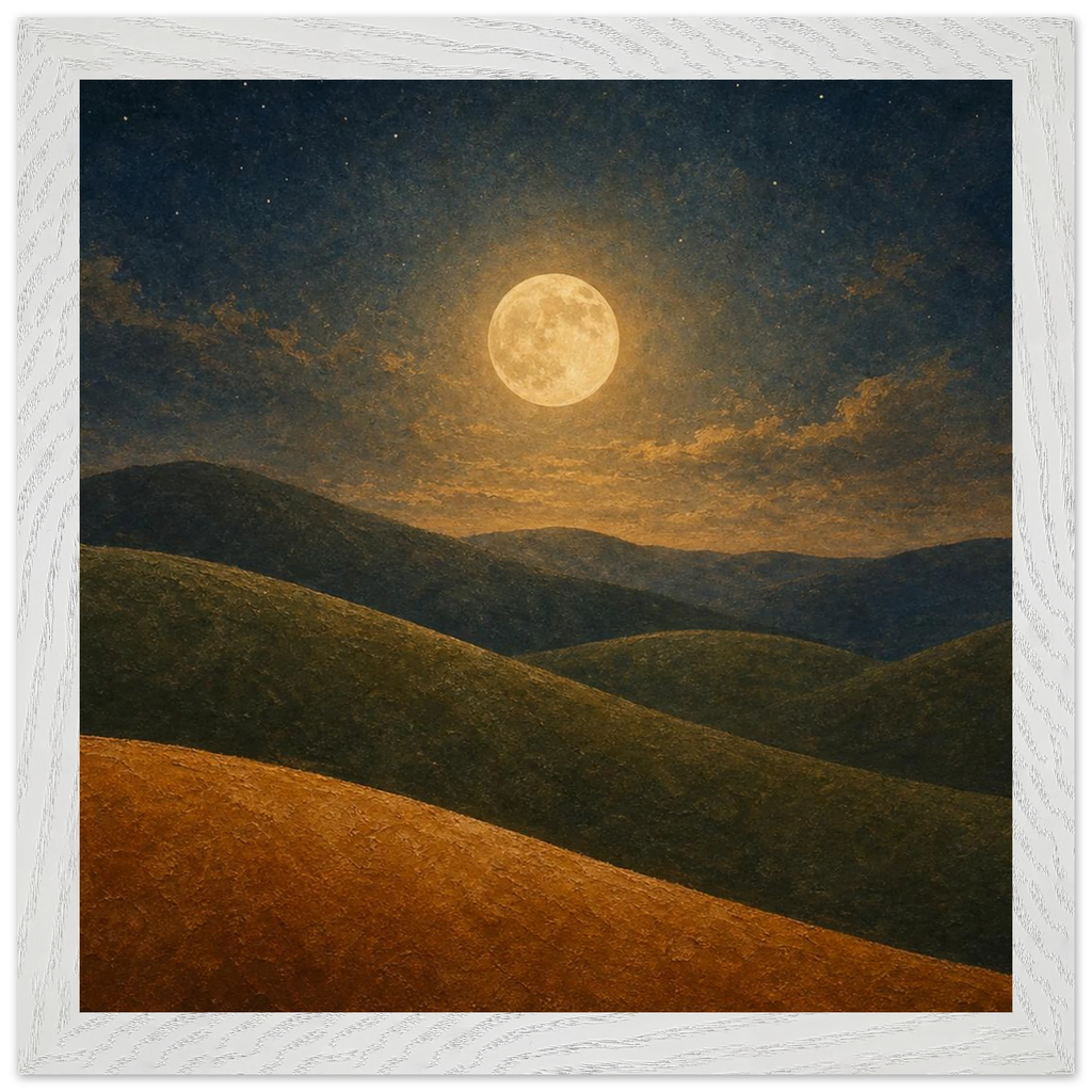Quadro emoldurado Colinas da Lua, lua cheia sobre colinas em oliva e argila