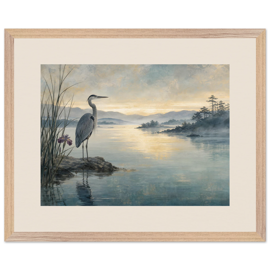 Heron at Dawn: japanese art and japandi. Museum-quality framed fine art print.