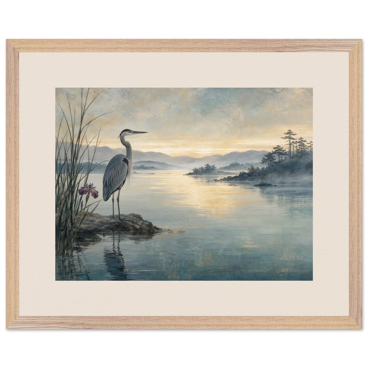 Heron at Dawn: japanese art and japandi. Museum-quality framed fine art print.