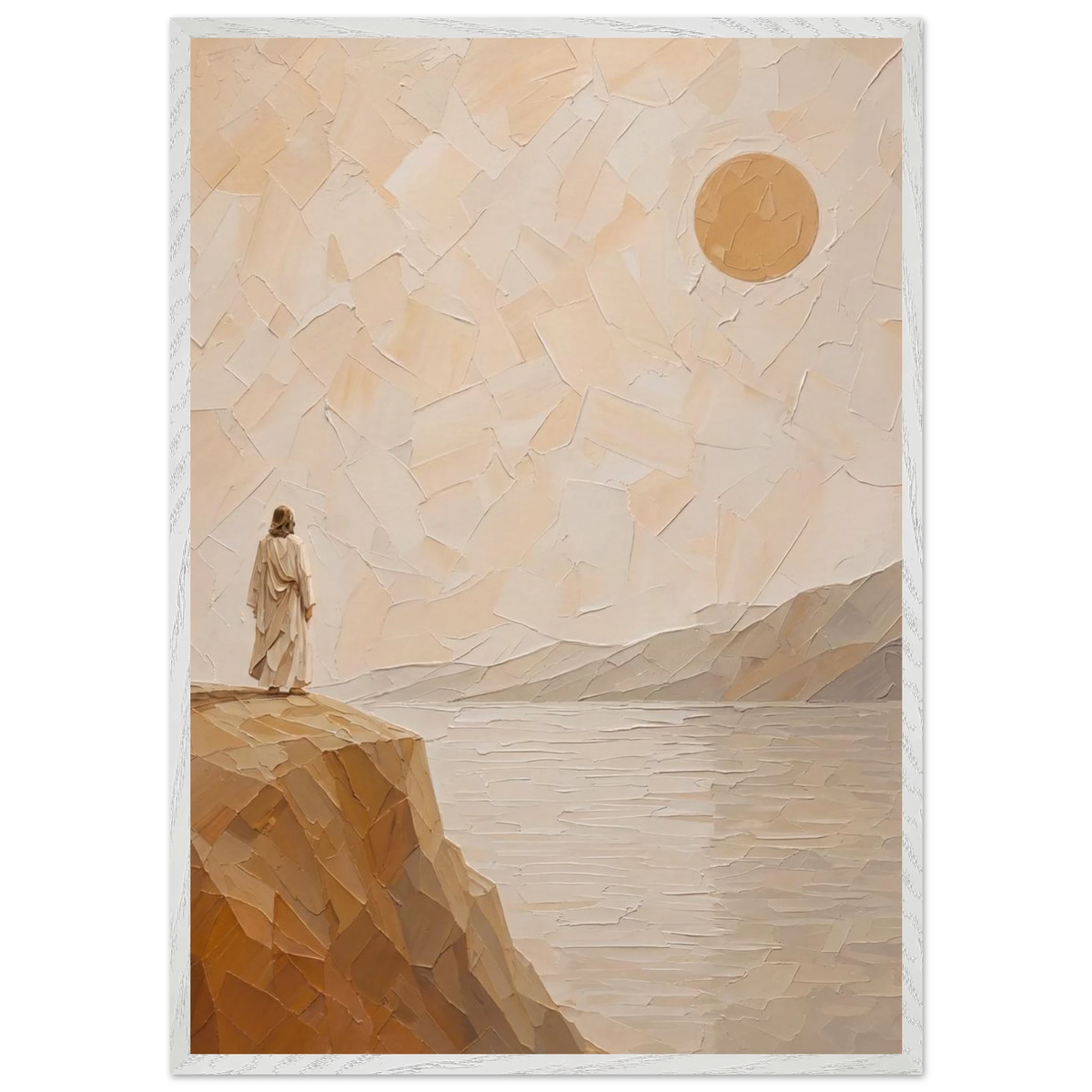 Salt Shore: jesus, cliff and sea. Framed fine art print by The Light Stays.