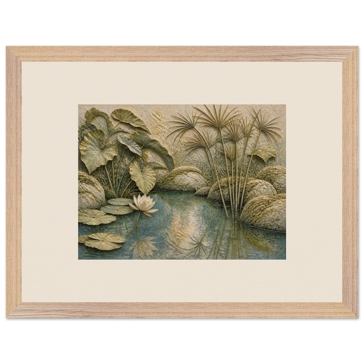 Papyrus Pond, lake, papyrus and serene greens. Archival framed fine art print shown framed.
