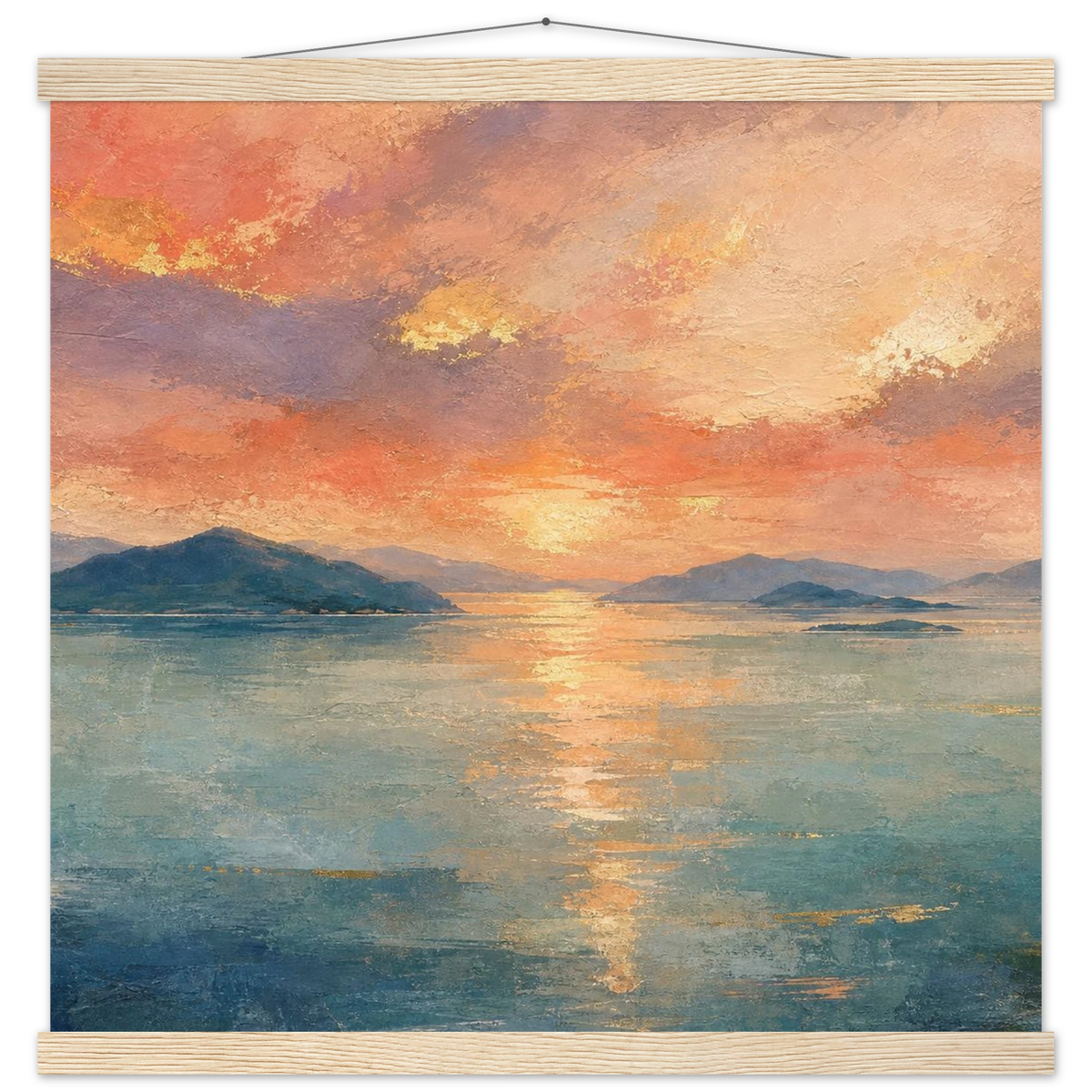 Setouchi Peach Dawn: inland sea, islands and golden reflection. Fine art poster with wooden hanger by The Light Stays.