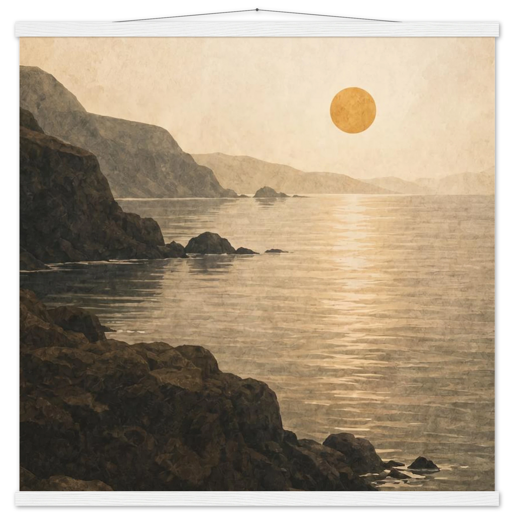 Pôster Amber Coast com suporte de madeira, pôr do sol em tons quentes sobre a costa
