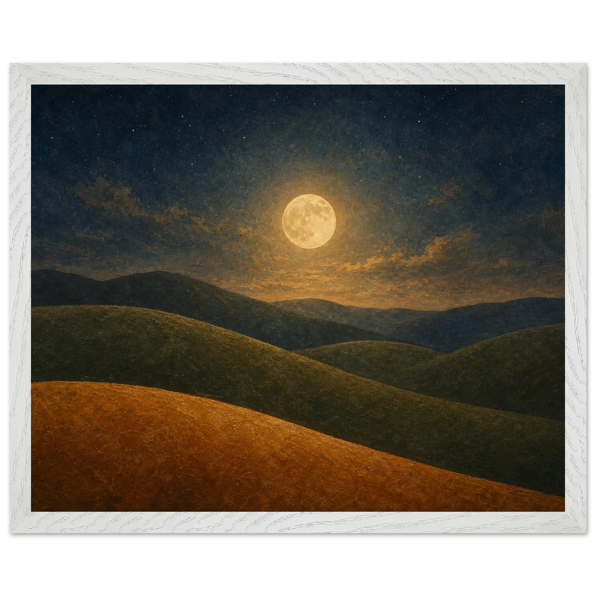 Moon Hills: night, minimalist landscape and charcoal. Framed fine art print by The Light Stays.