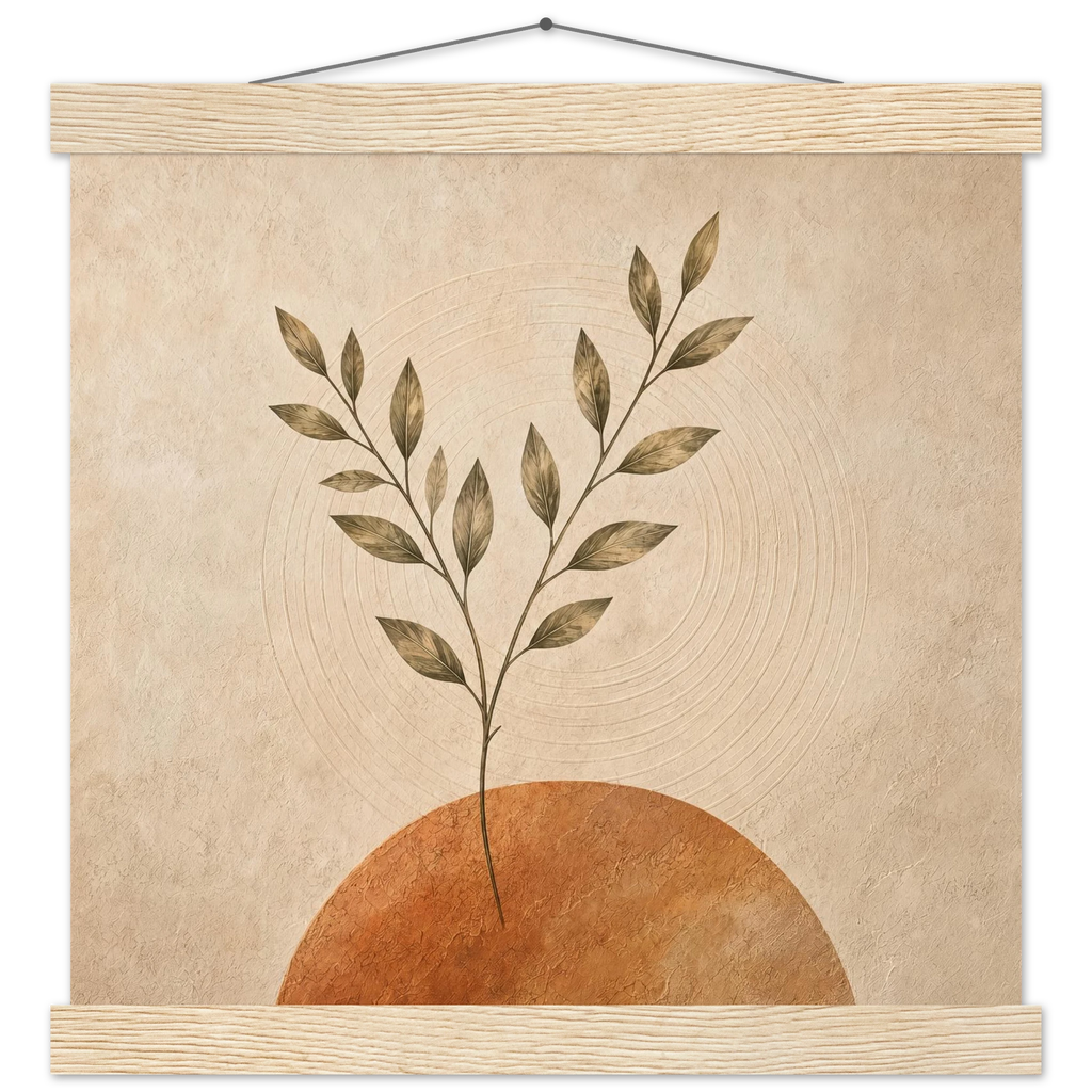 Pôster Clay Echo com suporte de madeira, ramo de oliveira e círculos em terracota