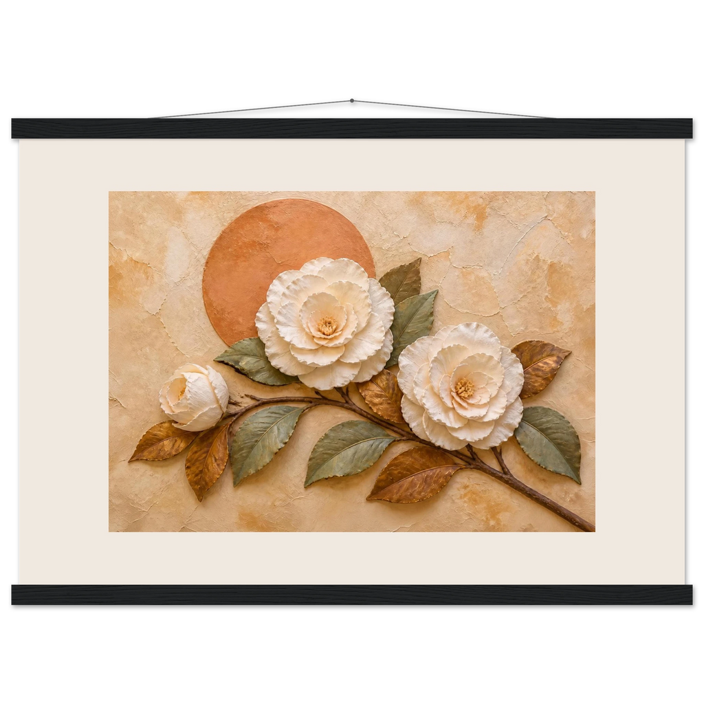 Camellia Eclipse, flowers and botanical. Archival fine art poster shown framed.