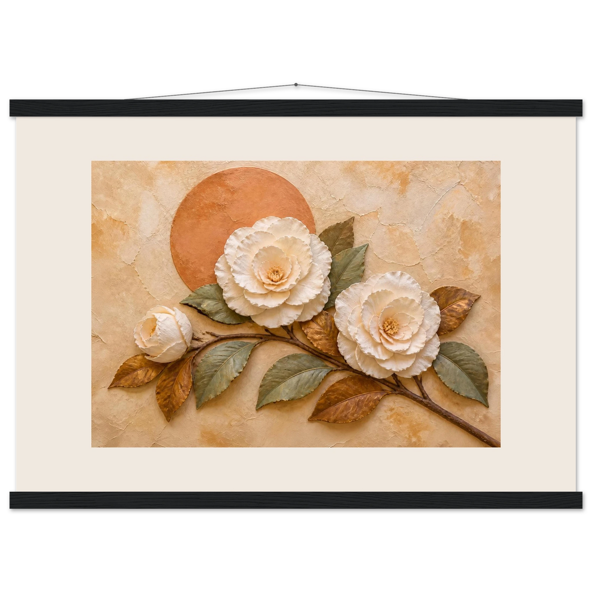 Camellia Eclipse, flowers and botanical. Archival fine art poster shown framed.