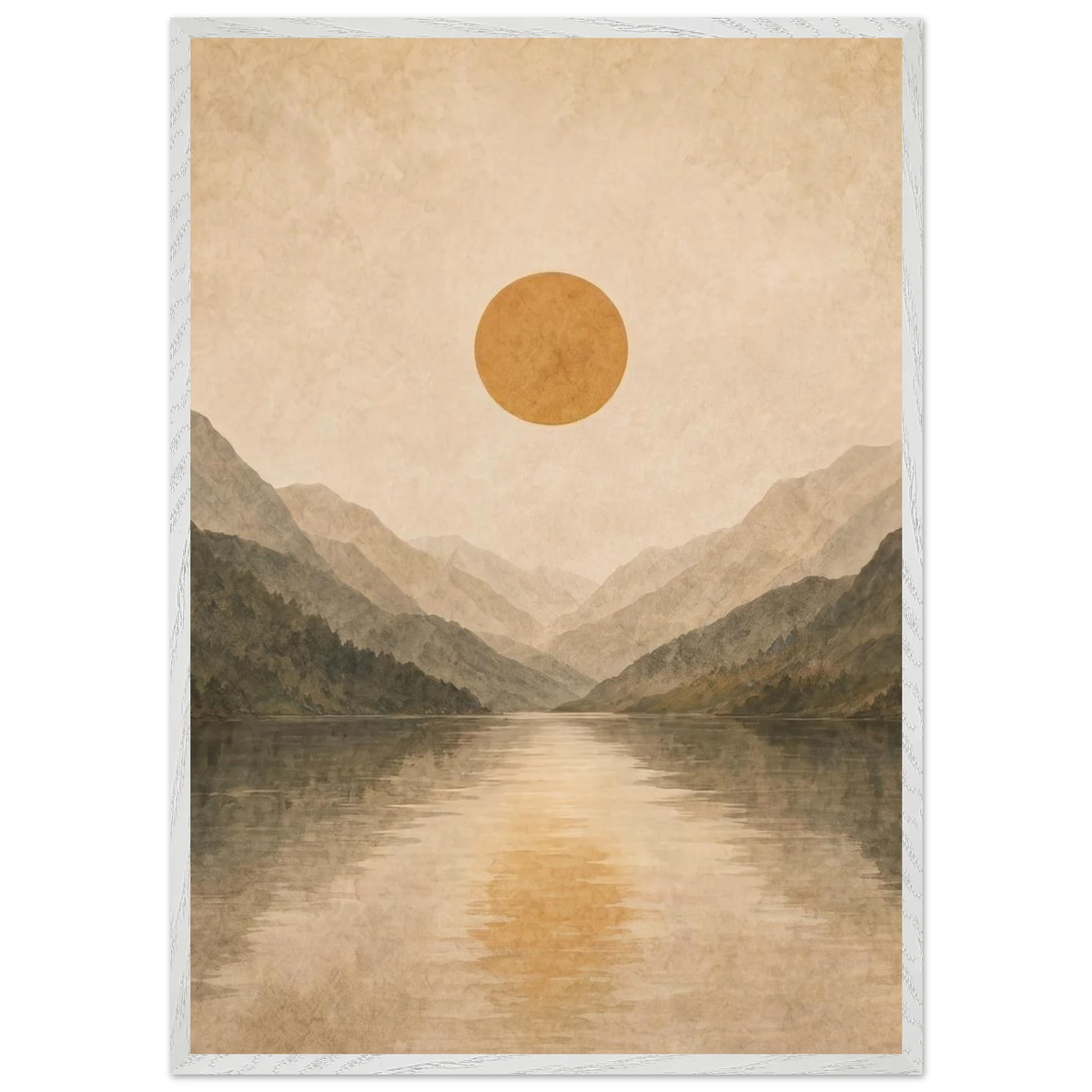 Lake Mirror: mountains, sunset and sun reflection. Framed fine art print by The Light Stays.