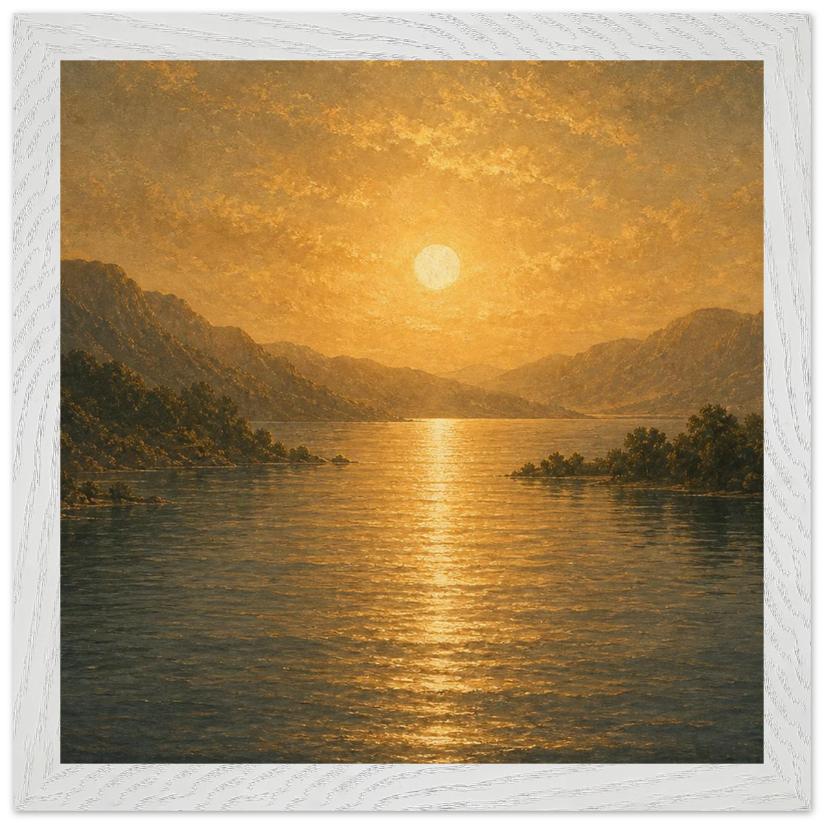 Golden Reflection: lake, sunset and mountains. Framed fine art print by The Light Stays.