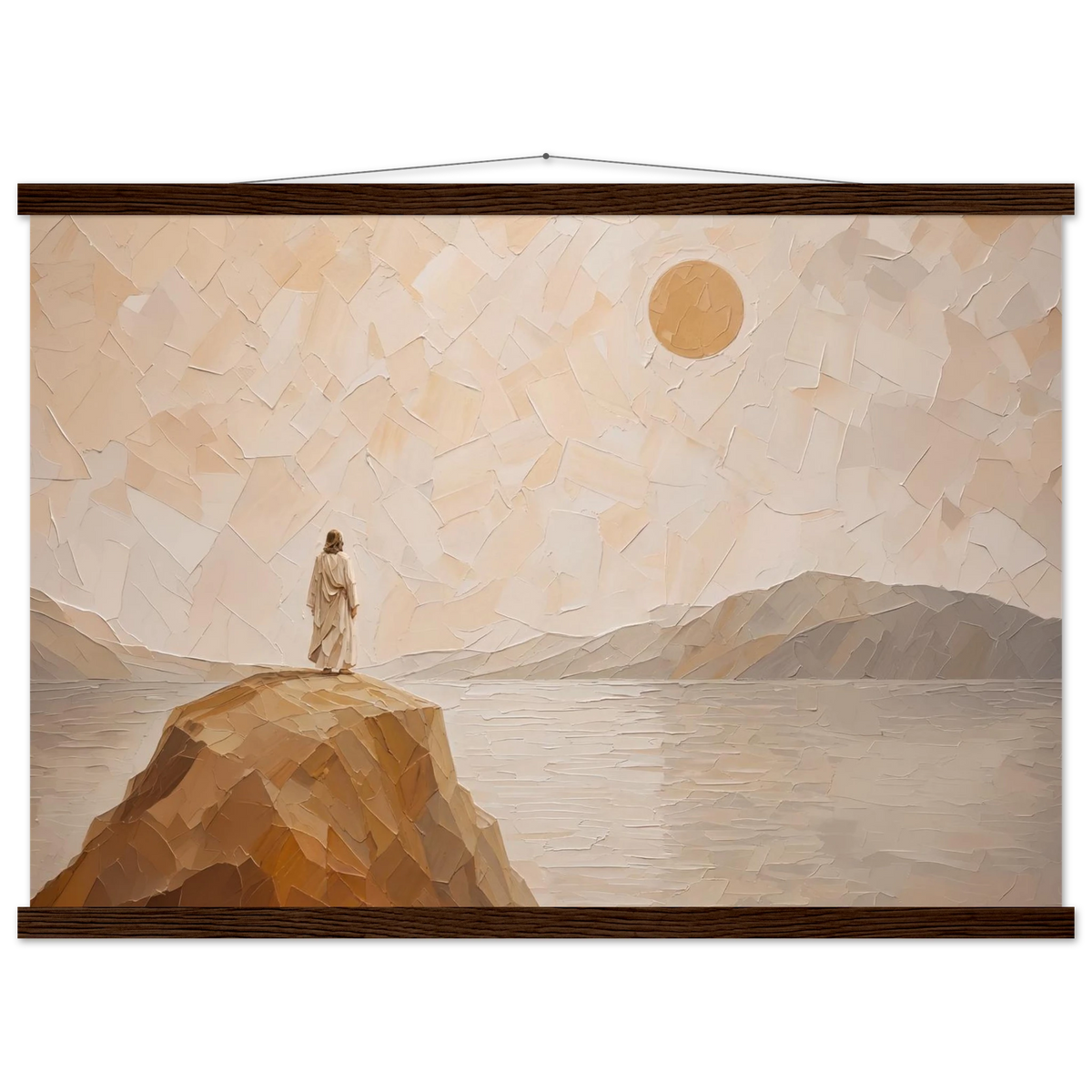 Salt Shore: jesus, cliff and sea. Fine art poster with wooden hanger by The Light Stays.