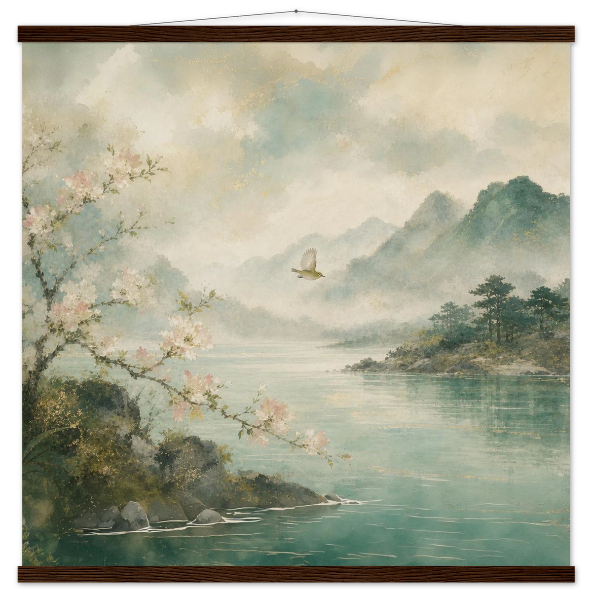 Celadon Flight: birds, japanese landscape and japandi. Fine art poster with wooden hanger by The Light Stays.