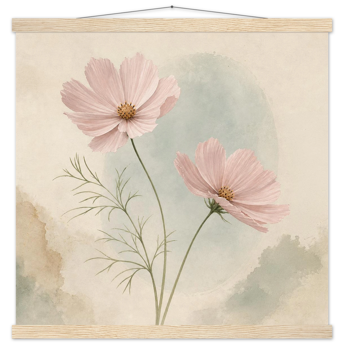 Cosmos Unison: flowers, blush and celadon. Fine art poster with wooden hanger by The Light Stays.