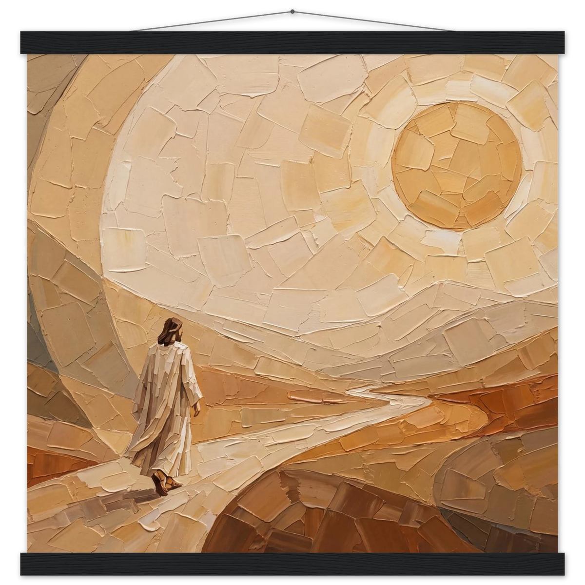 Lightfall: jesus, landscape and golden tones. Fine art poster with wooden hanger by The Light Stays.