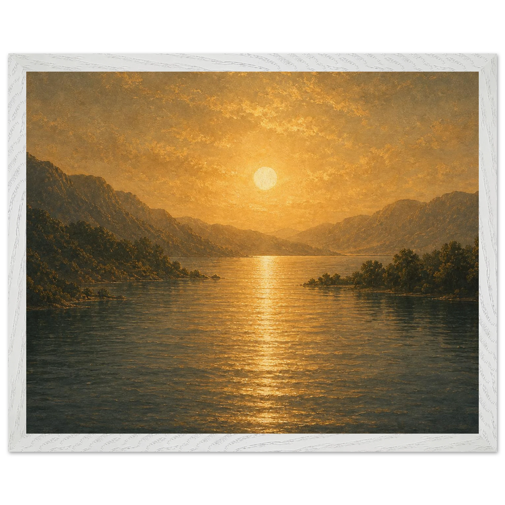 Quadro emoldurado Reflexo Dourado, lago e montanhas sob luz dourada