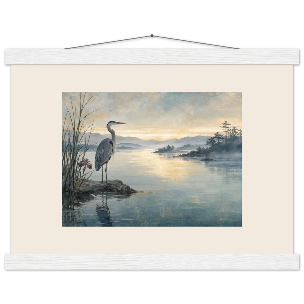 Heron at Dawn: japanese art and japandi. Fine art poster by The Light Stays.
