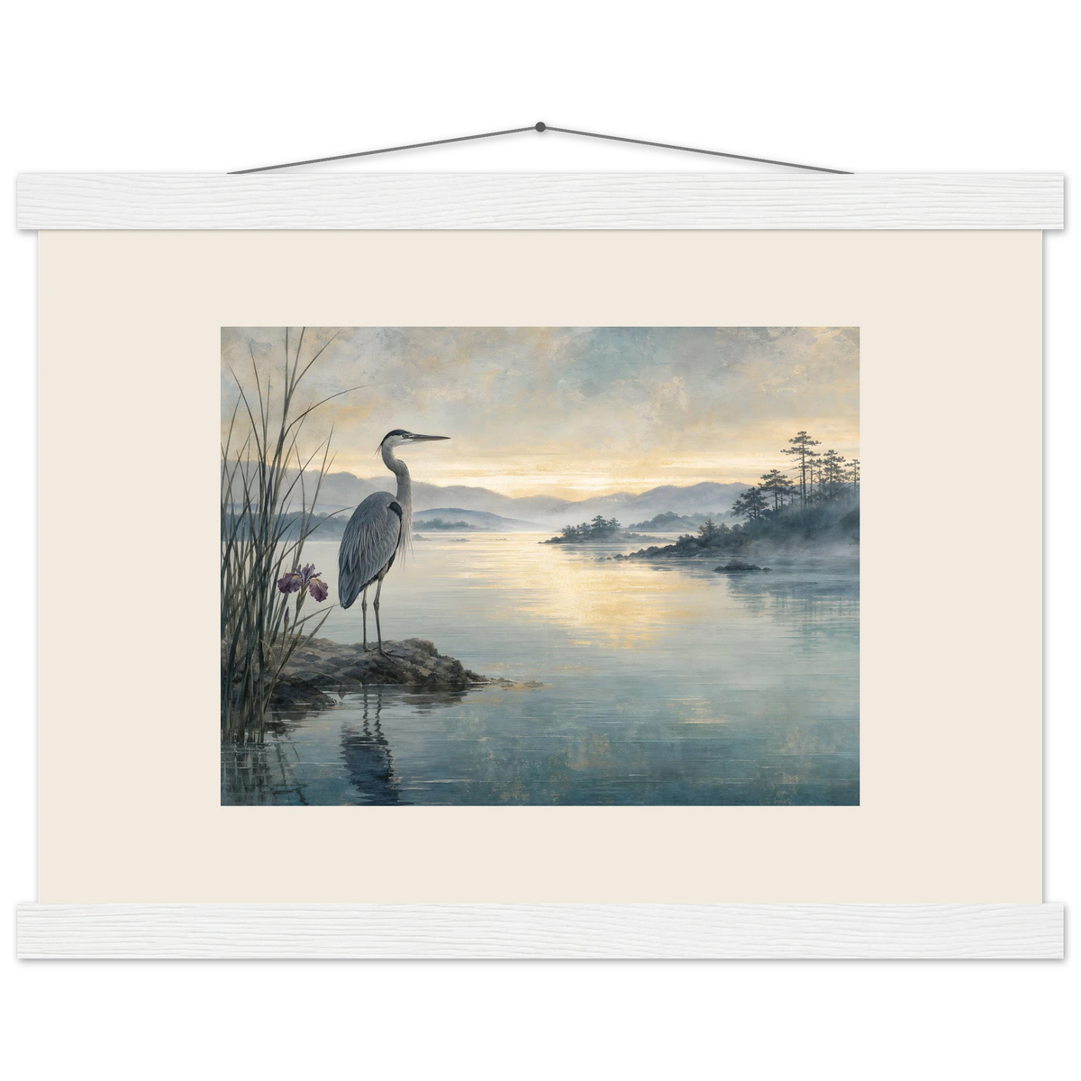 Heron at Dawn: japanese art and japandi. Fine art poster by The Light Stays.