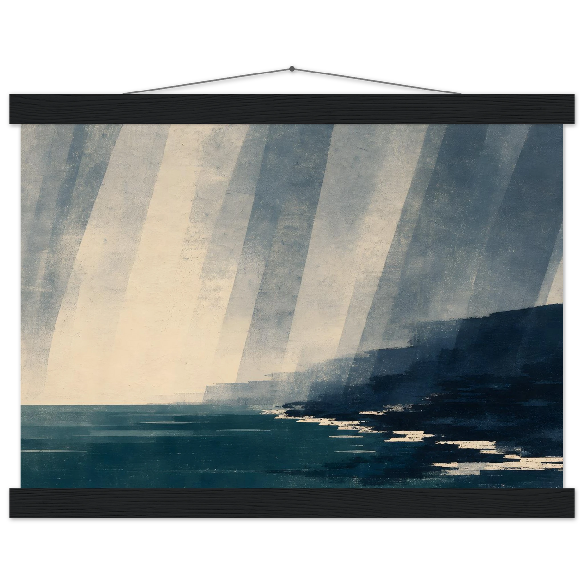 Rain Coast: japandi, teal blue and atmosphere. Fine art poster with wooden hanger by The Light Stays.