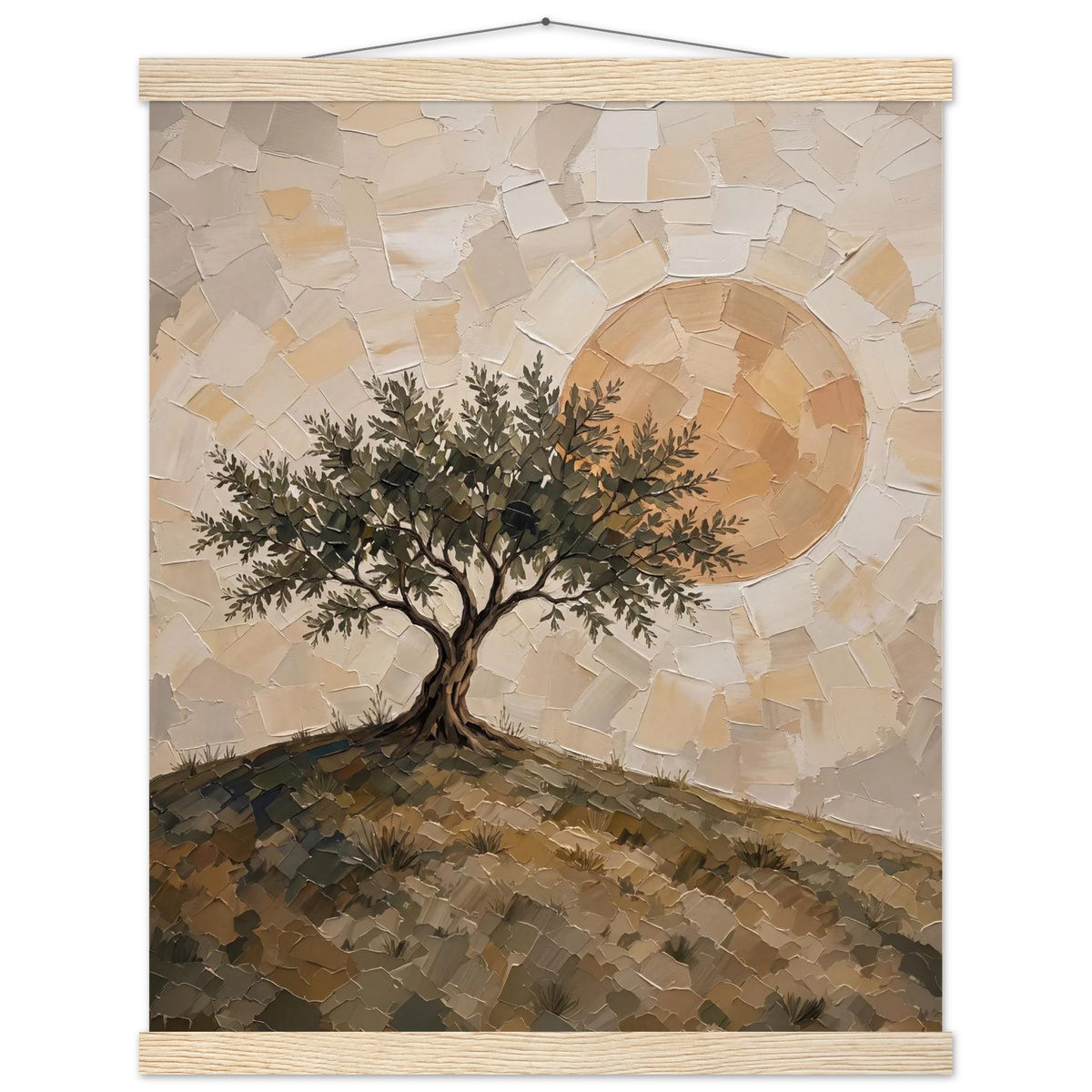 Olive Noon: hills, botanical and golden tones. Fine art poster with wooden hanger by The Light Stays.