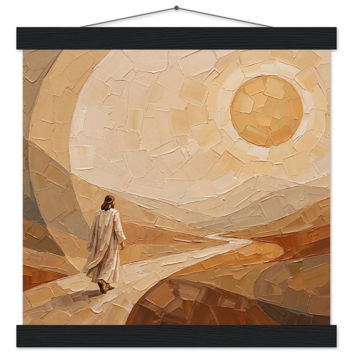 Lightfall: jesus, landscape and golden tones. Fine art poster with wooden hanger by The Light Stays.