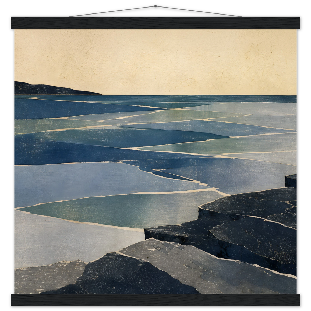 Indigo Tide: coastal landscape, jade water and japandi. Fine art poster with wooden hanger by The Light Stays.