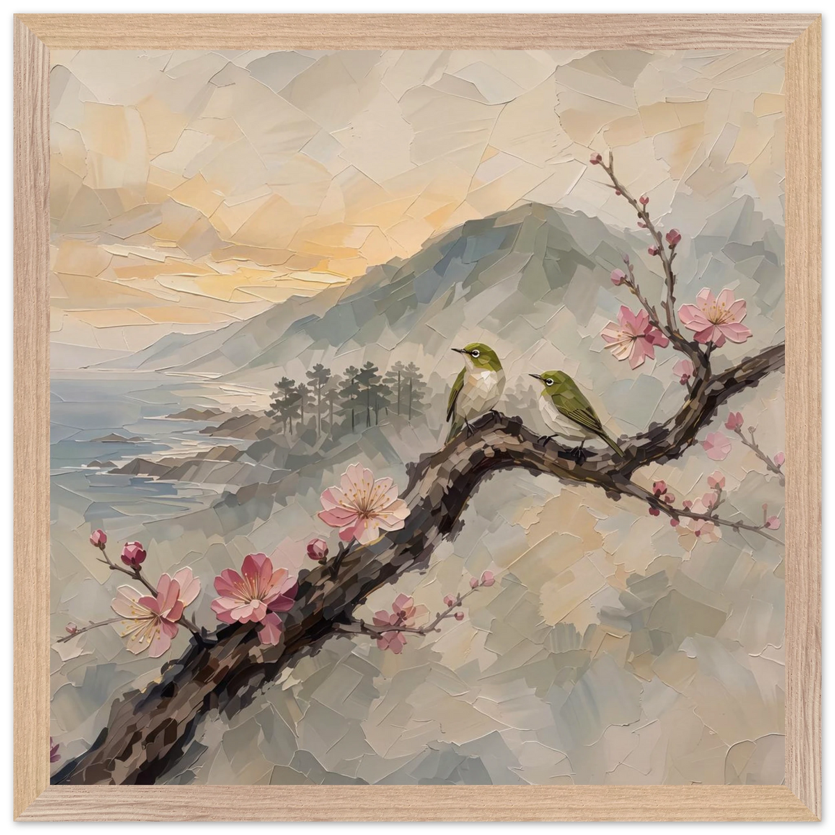 Plum Branch Pair: birds, japanese landscape and japandi. Framed fine art print by The Light Stays.