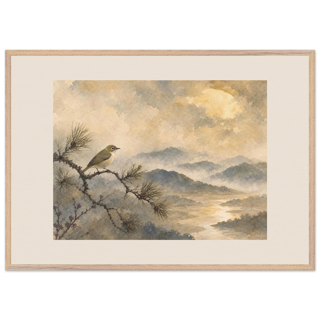 Golden Moon Bird: japanese art and japandi. Framed fine art print by The Light Stays.