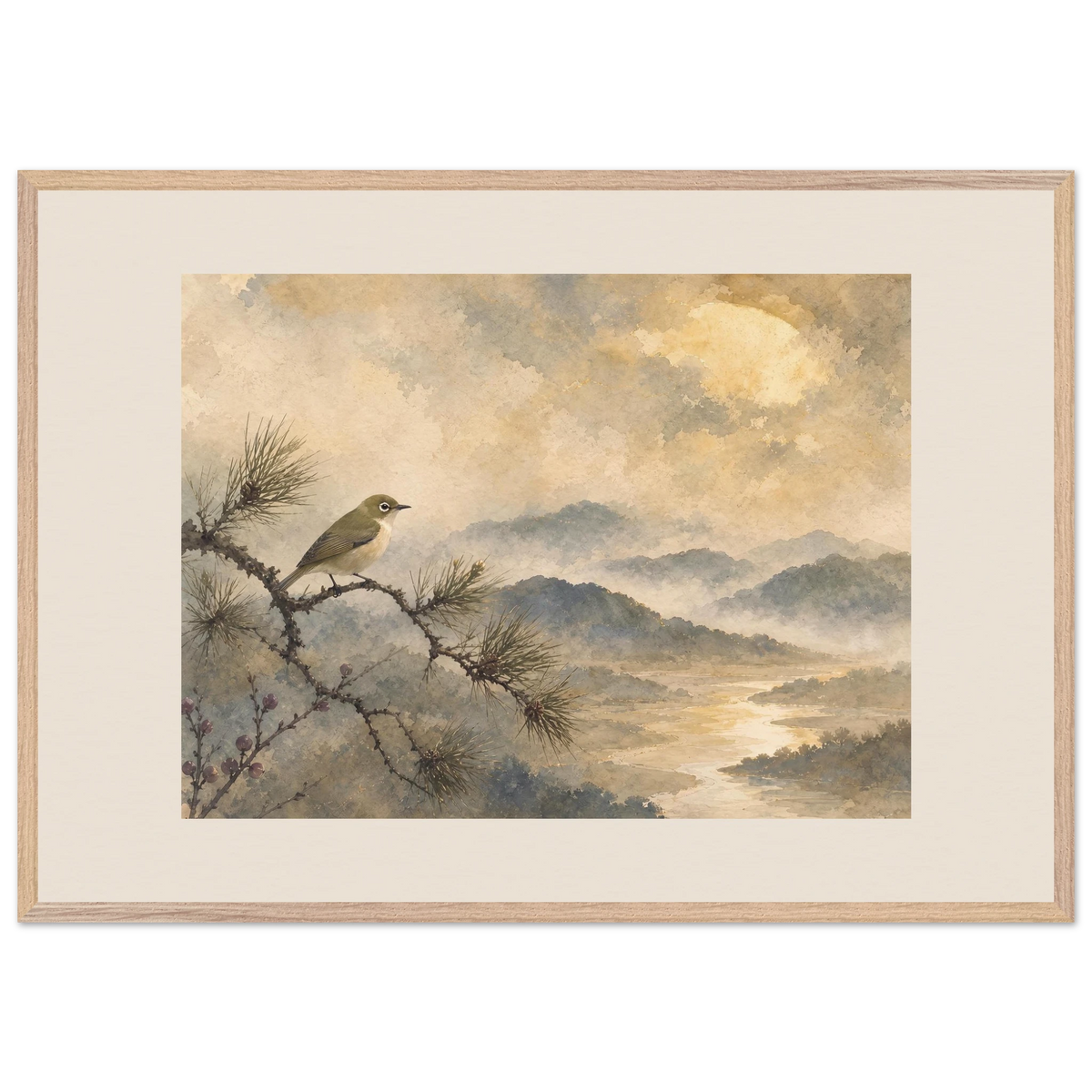 Golden Moon Bird: japanese art and japandi. Framed fine art print by The Light Stays.