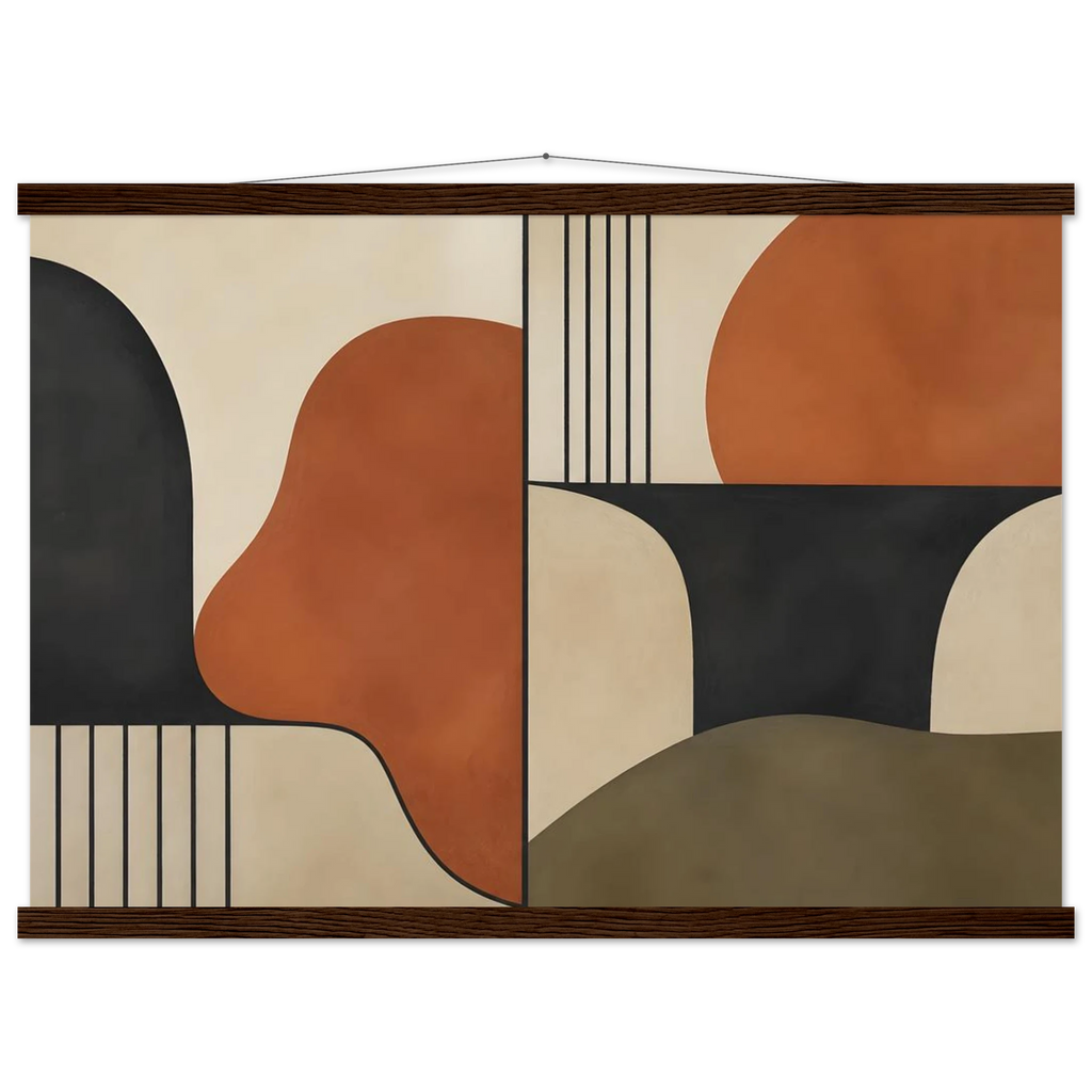Compass and Clay, geometric abstract, clay and curves. Archival fine art poster shown framed.