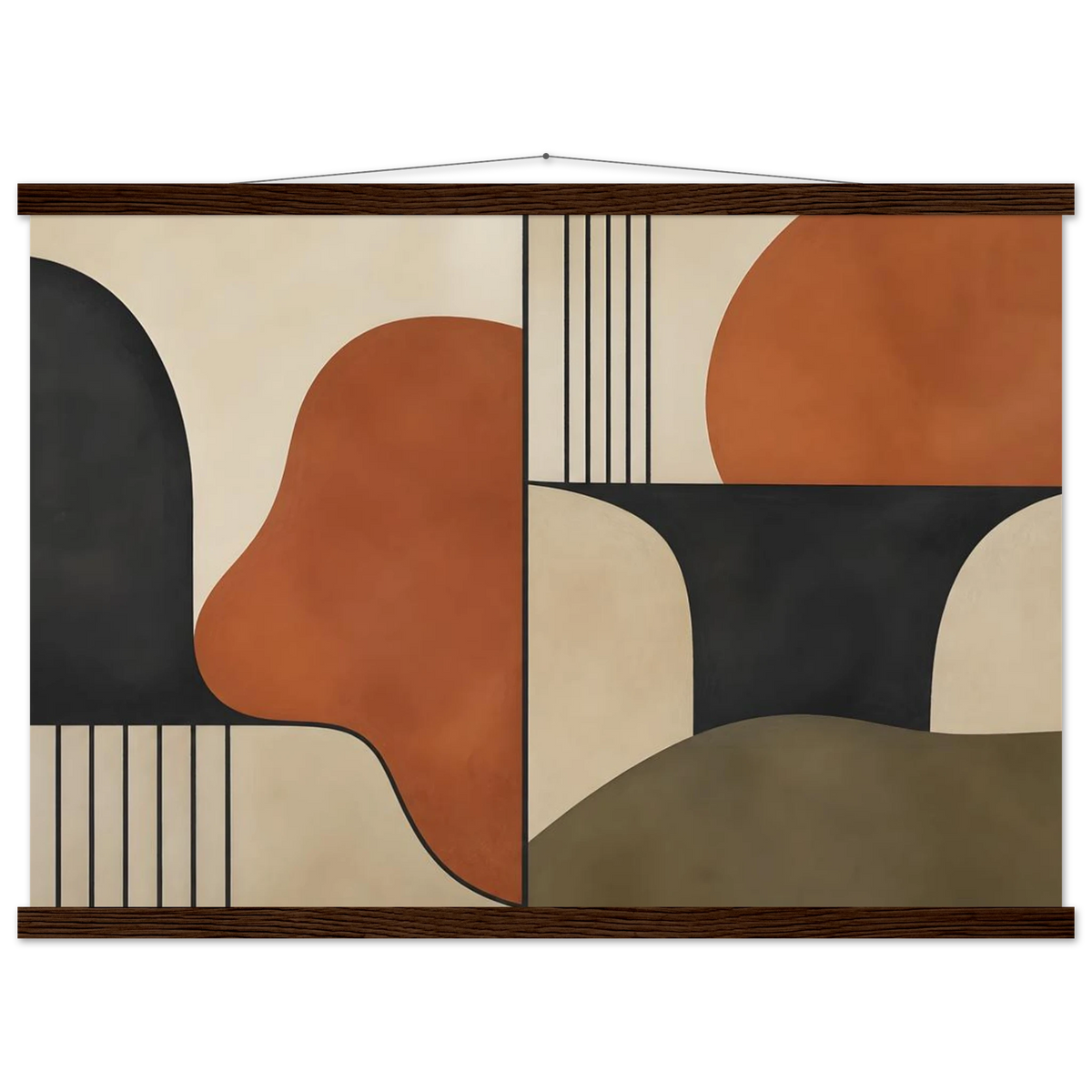 Compass and Clay, geometric abstract, clay and curves. Archival fine art poster shown framed.