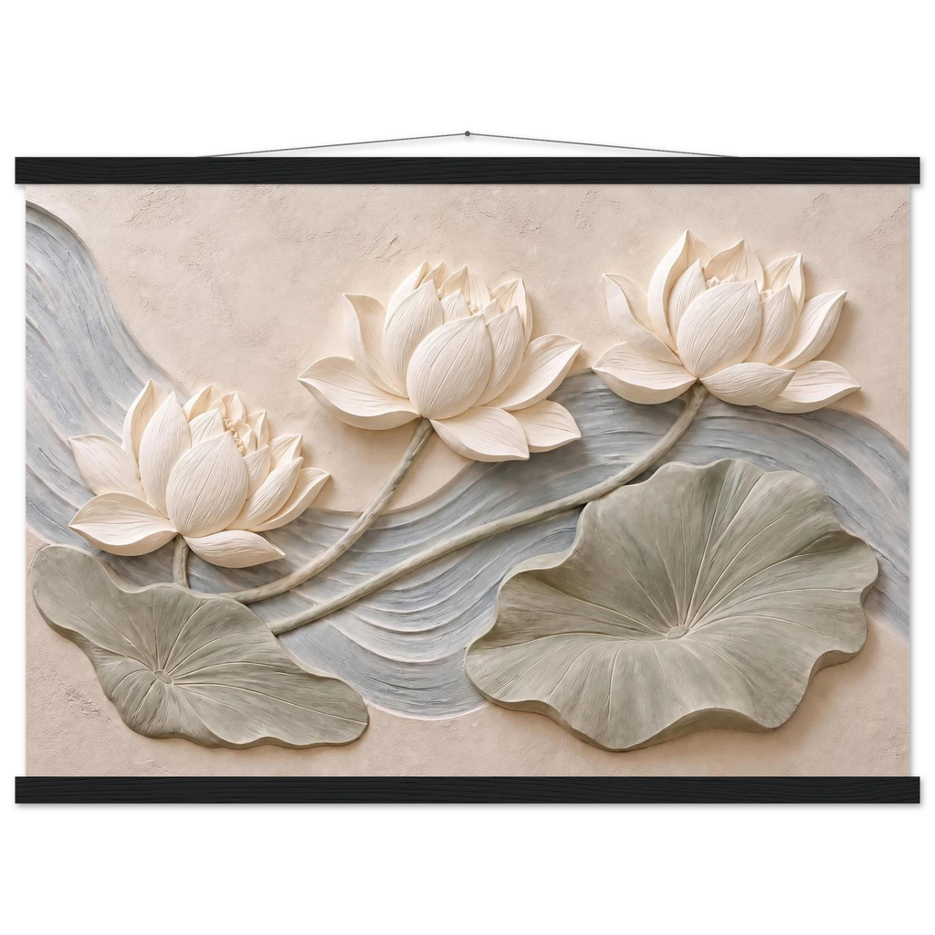 Lotus Current: flowers and botanical. Fine art poster, alternate frame and size.
