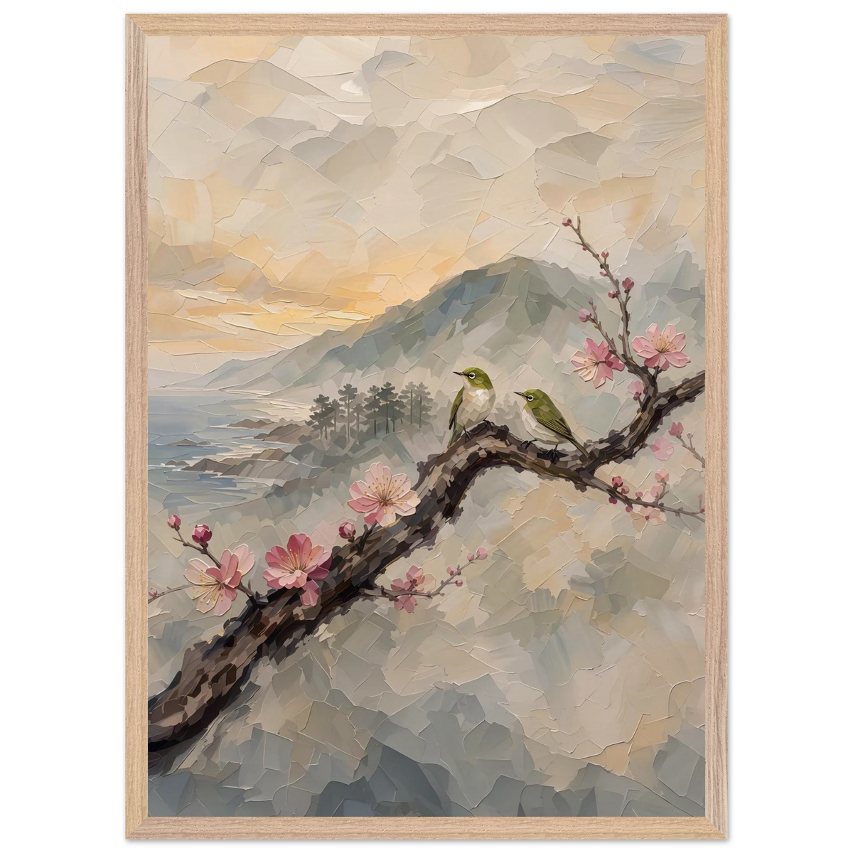 Plum Branch Pair: birds, japanese landscape and japandi. Framed fine art print by The Light Stays.