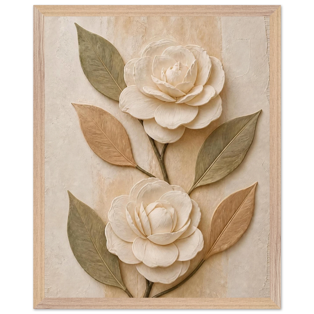 Carved Camellia, flowers and botanical. Archival framed fine art print shown framed.