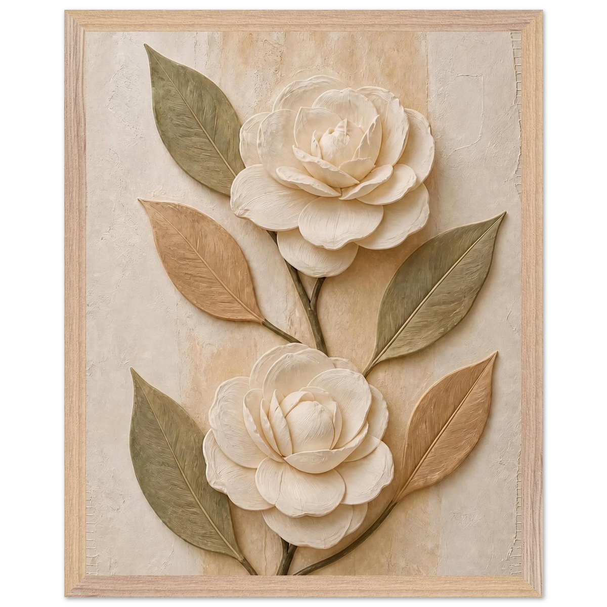 Carved Camellia, flowers and botanical. Archival framed fine art print shown framed.