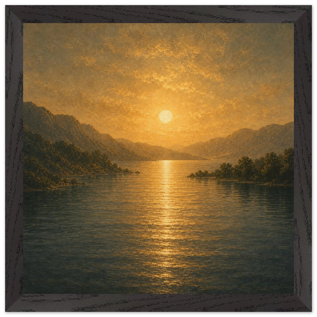 Quadro emoldurado Reflexo Dourado, lago e montanhas sob luz dourada