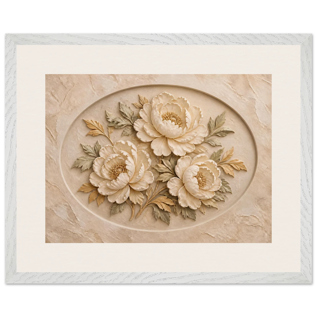 Peonies in Stone: flowers and botanical. Framed fine art print, alternate frame and size.