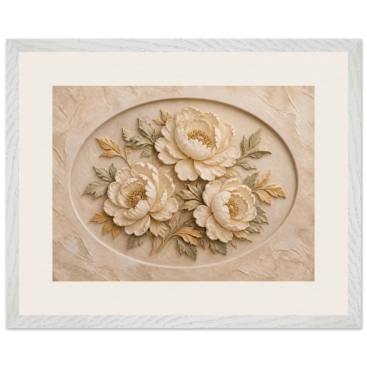 Peonies in Stone: flowers and botanical. Framed fine art print, alternate frame and size.