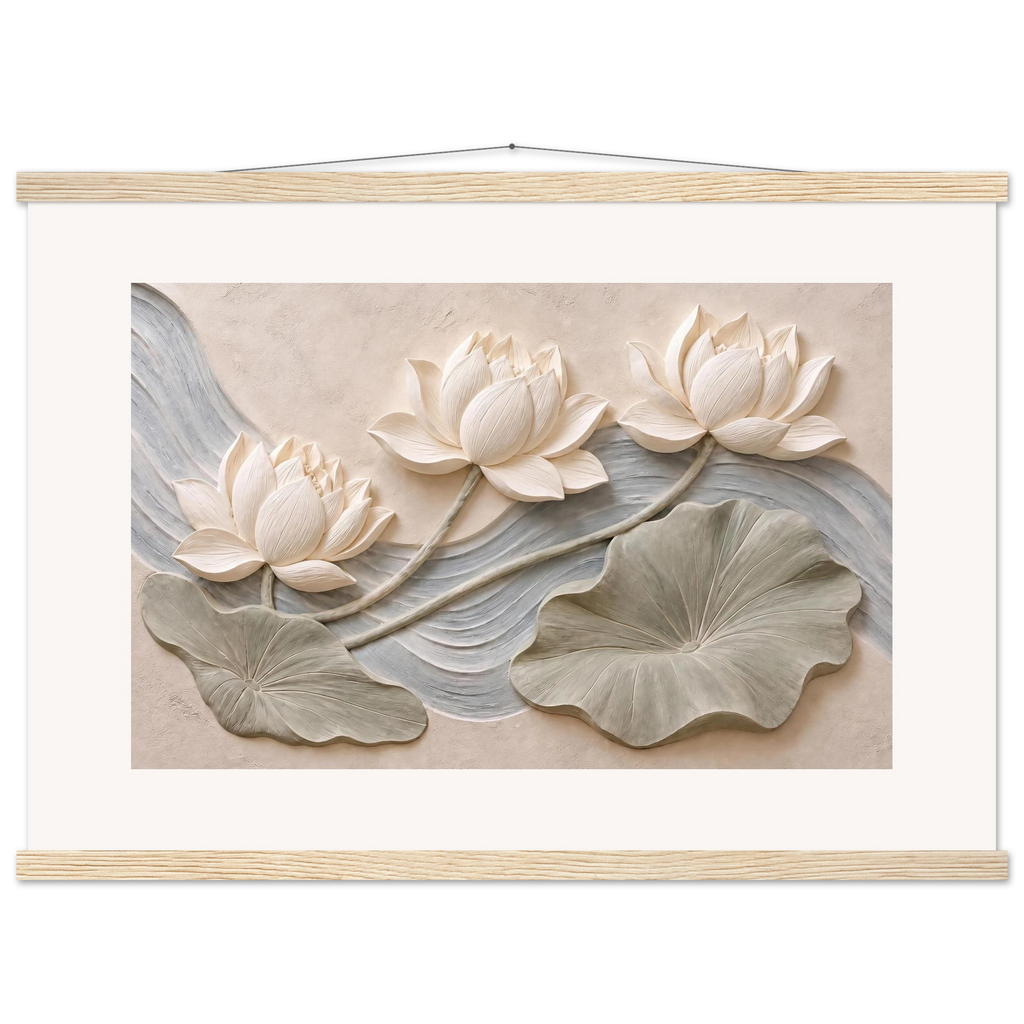 Lotus Current, flowers and botanical. Archival fine art poster shown framed.