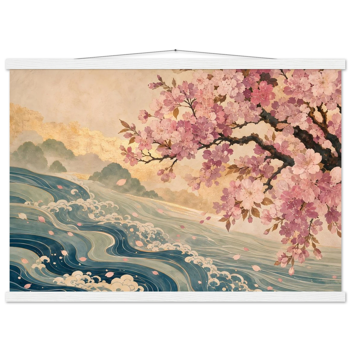 Blossom Tide: japanese art, cherry blossom and wave. Fine art poster with wooden hanger by The Light Stays.