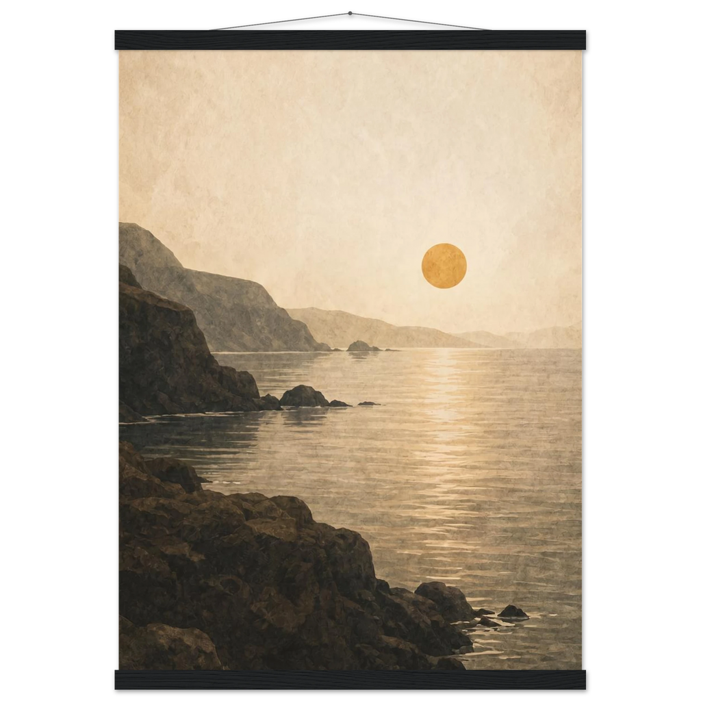 Pôster Amber Coast com suporte de madeira, pôr do sol em tons quentes sobre a costa
