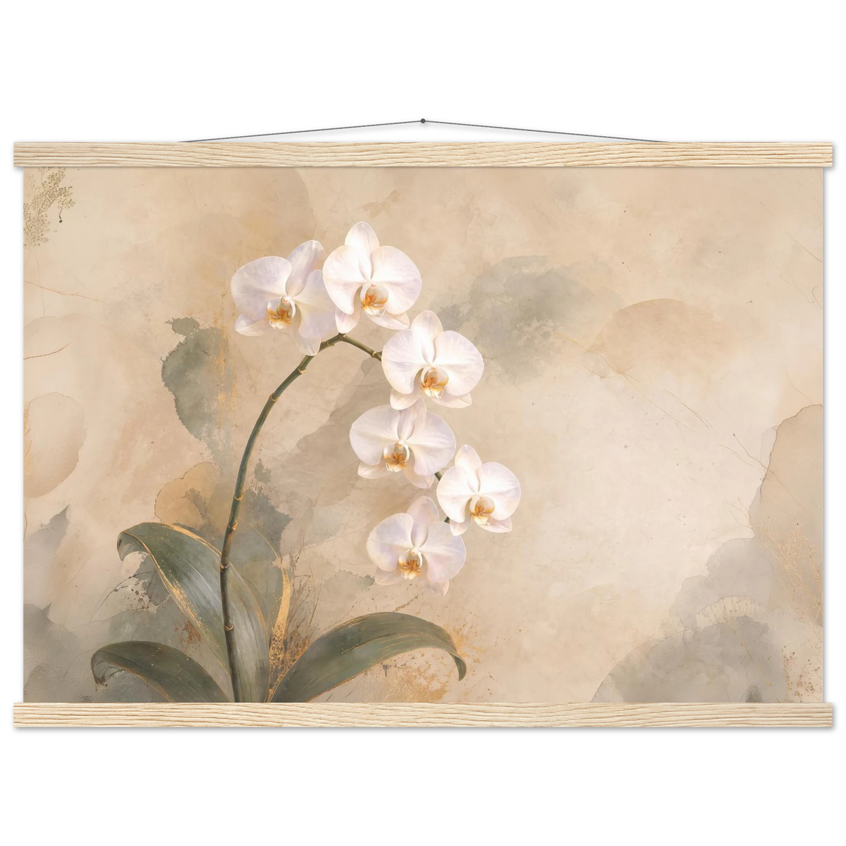 Orchid Luminance: botanical, pale gold and floral art. Fine art poster with wooden hanger by The Light Stays.