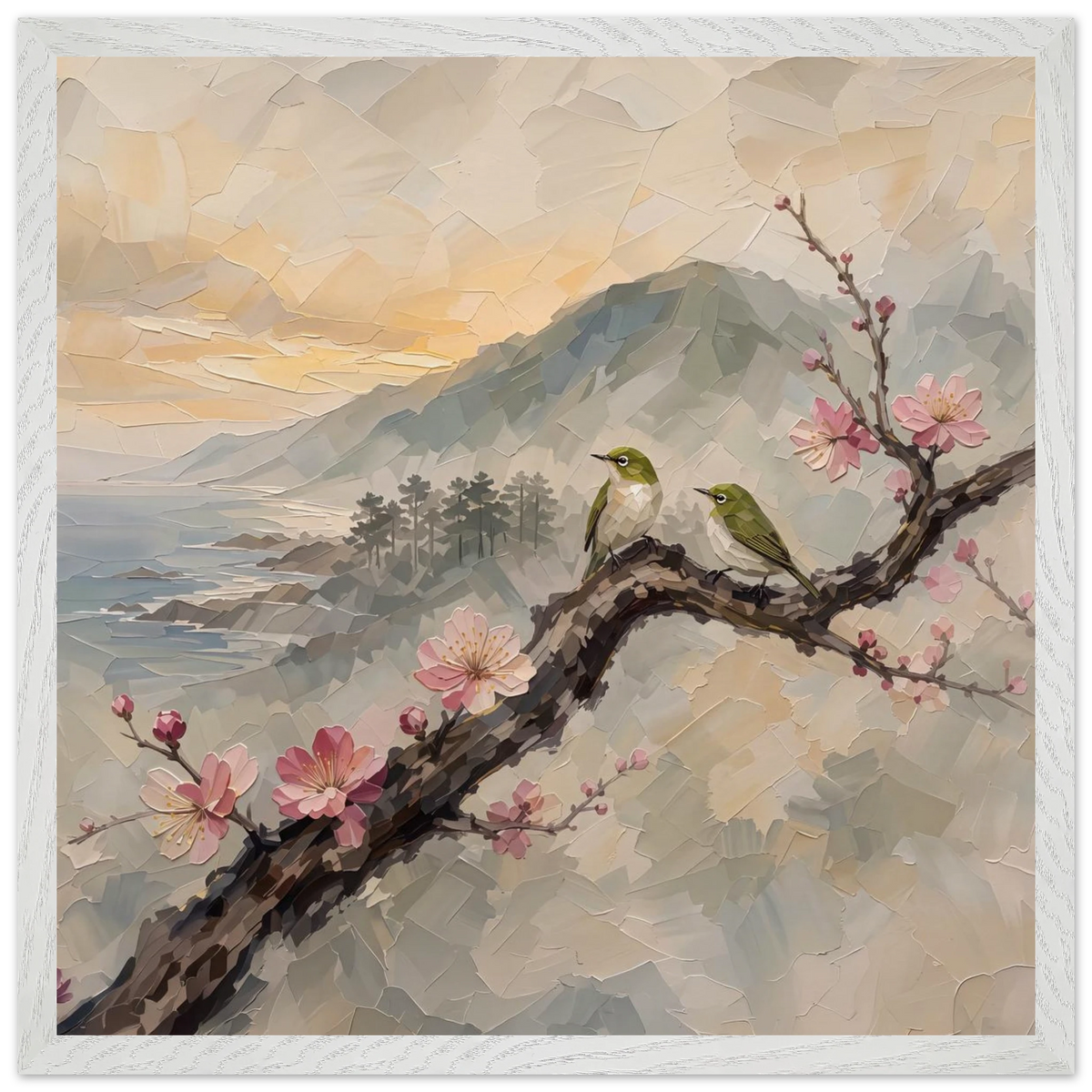 Plum Branch Pair: birds, japanese landscape and japandi. Framed fine art print by The Light Stays.