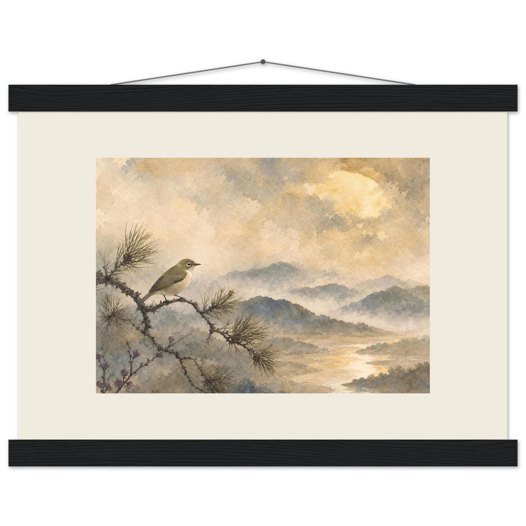 Golden Moon Bird, japanese art and japandi. Archival fine art poster shown framed.