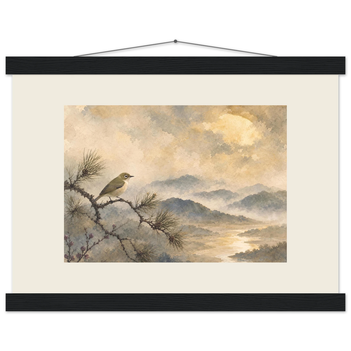 Golden Moon Bird, japanese art and japandi. Archival fine art poster shown framed.
