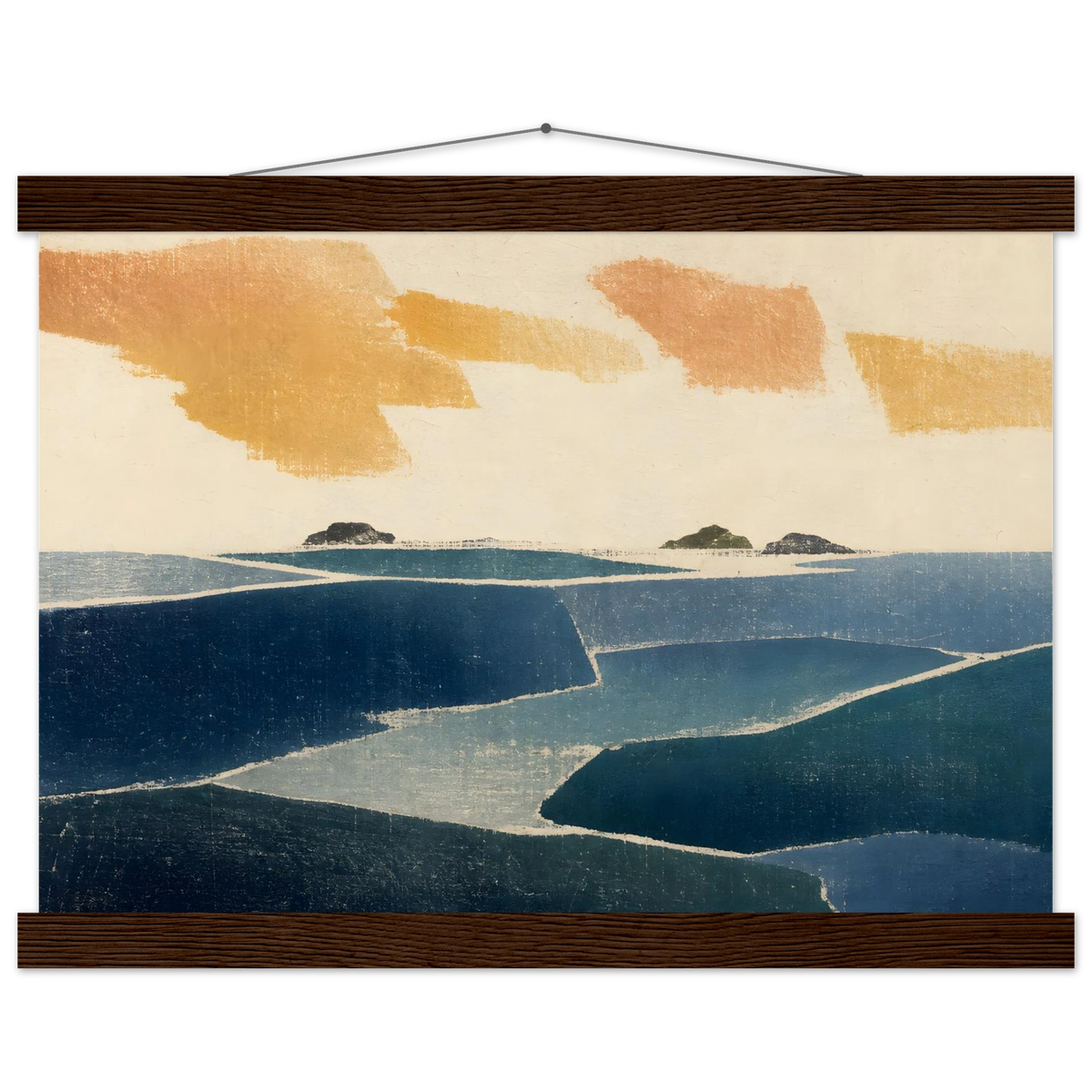 Amber and Indigo, abstract, coastline and color field. Archival fine art poster shown framed.