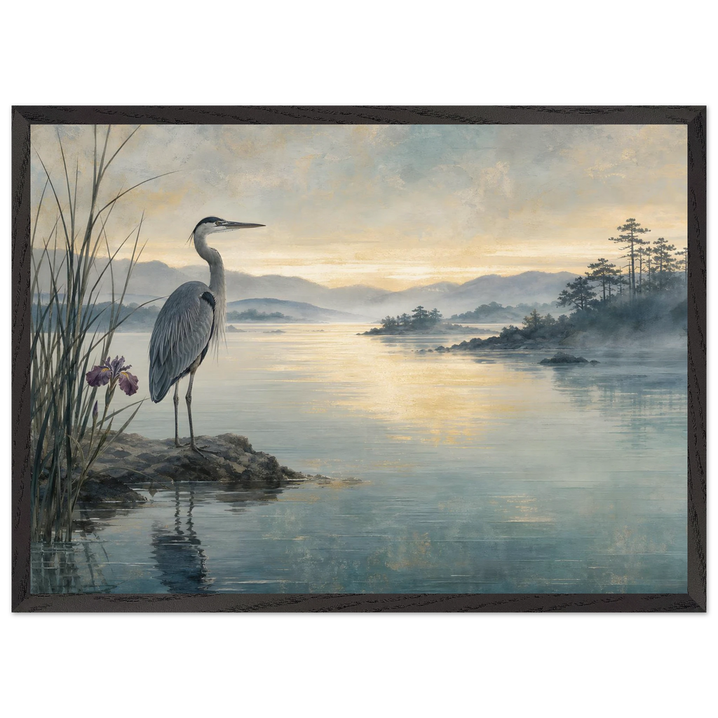 Heron at Dawn, japanese art and japandi. Archival framed fine art print shown framed.