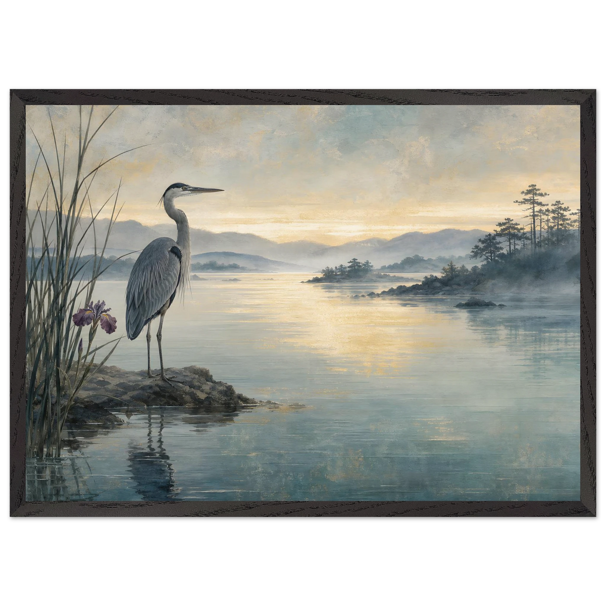 Heron at Dawn, japanese art and japandi. Archival framed fine art print shown framed.