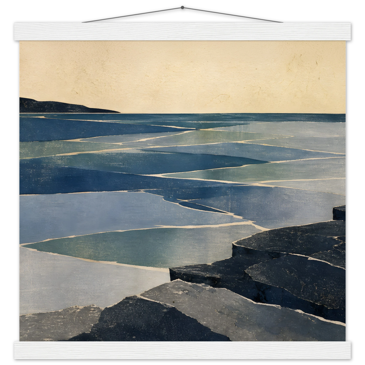 Indigo Tide: coastal landscape, jade water and japandi. Fine art poster with wooden hanger by The Light Stays.